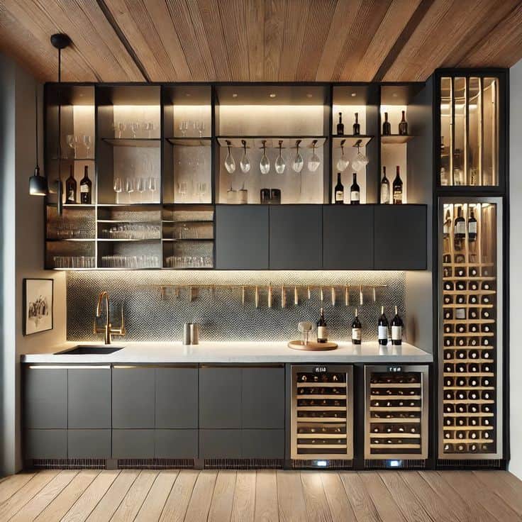 A contemporary built-in home bar unit featuring dark gray cabinetry, a white countertop with an inte… — 3D model