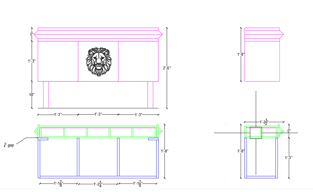 This is a technical drawing of a bar with a decorative lion emblem on the front. The drawing provide… — free OBJ 3D model