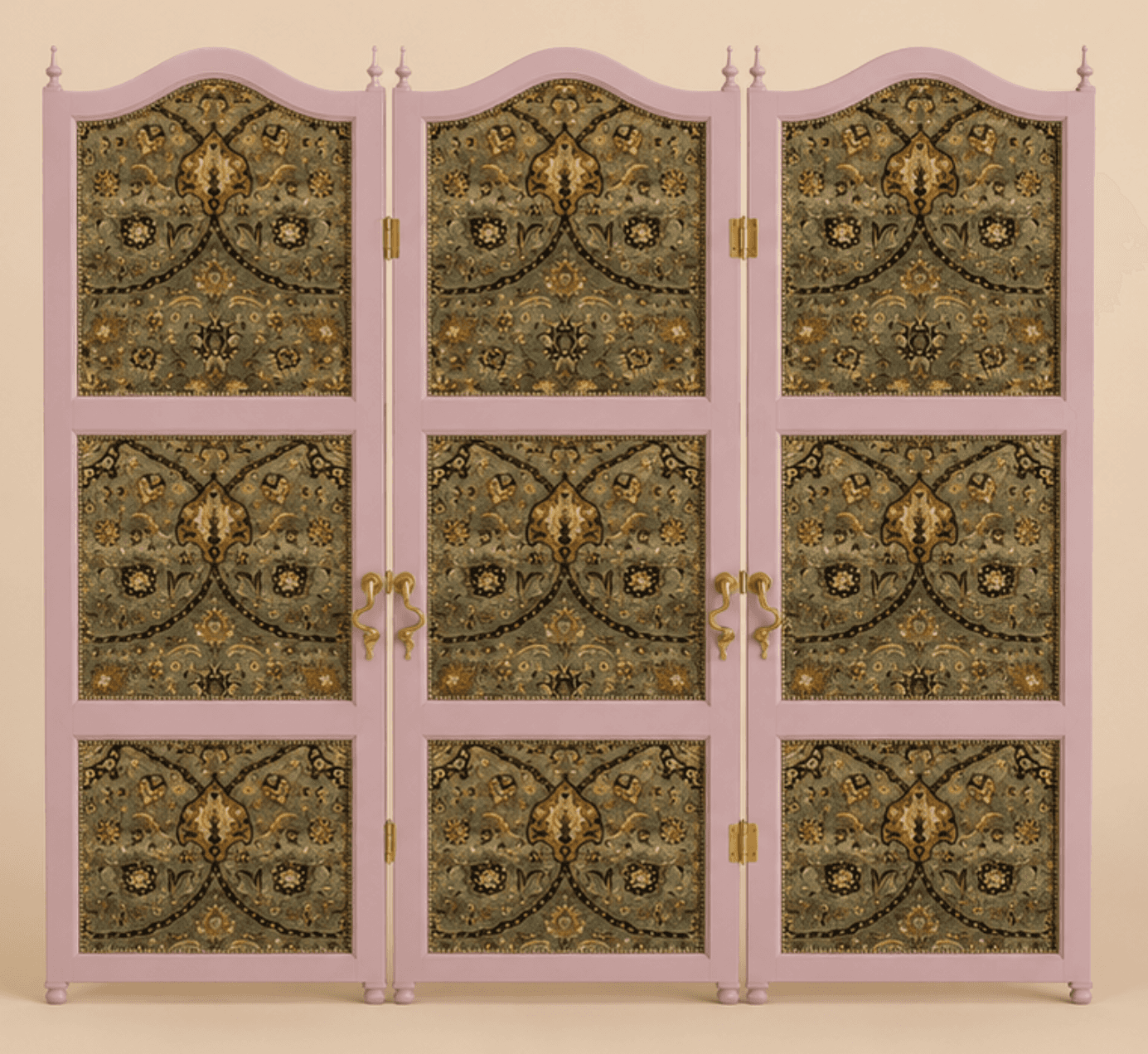 A three-panel folding room divider featuring a light pink wooden frame with ornate, intricately patt… — 3D model