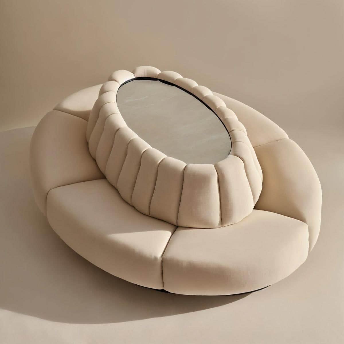 A low-profile, circular upholstered coffee table featuring a segmented padded base in a cream-colore… — 3D model
