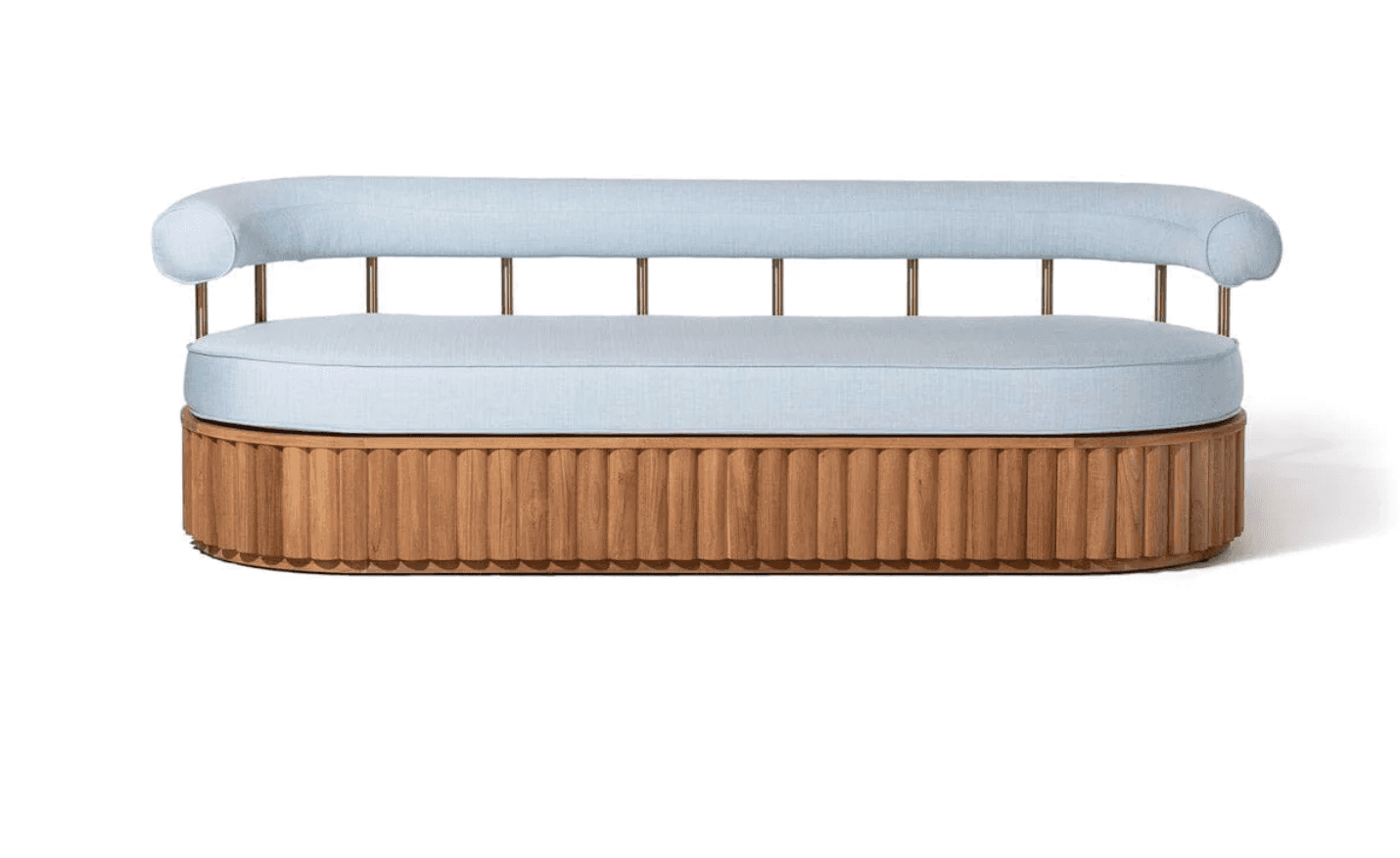 A modern sofa featuring a rounded upholstered seat and backrest in a light blue fabric. The base is… — 3D model