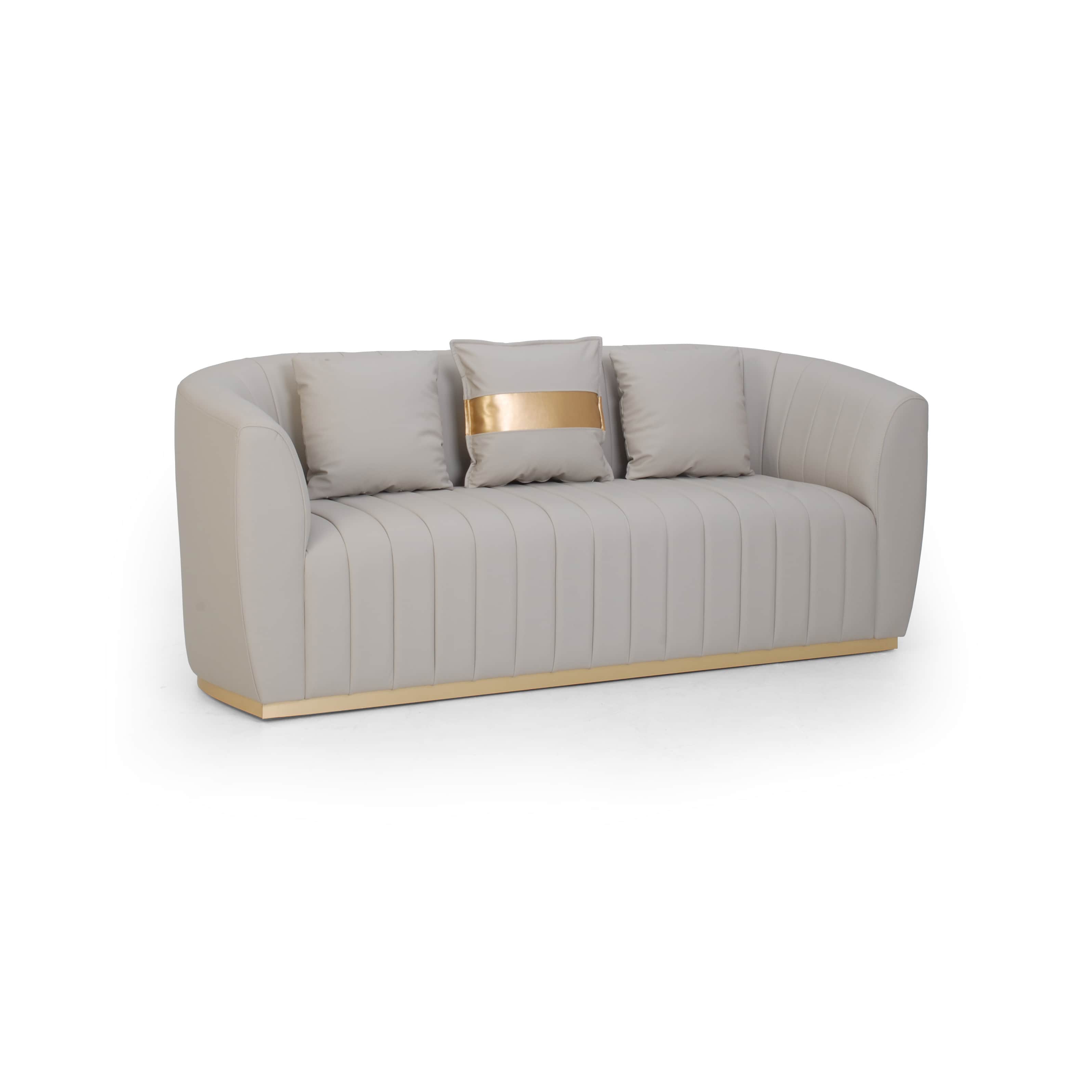A contemporary light beige or gray upholstered loveseat featuring a curved silhouette, vertical chan… — 3D model
