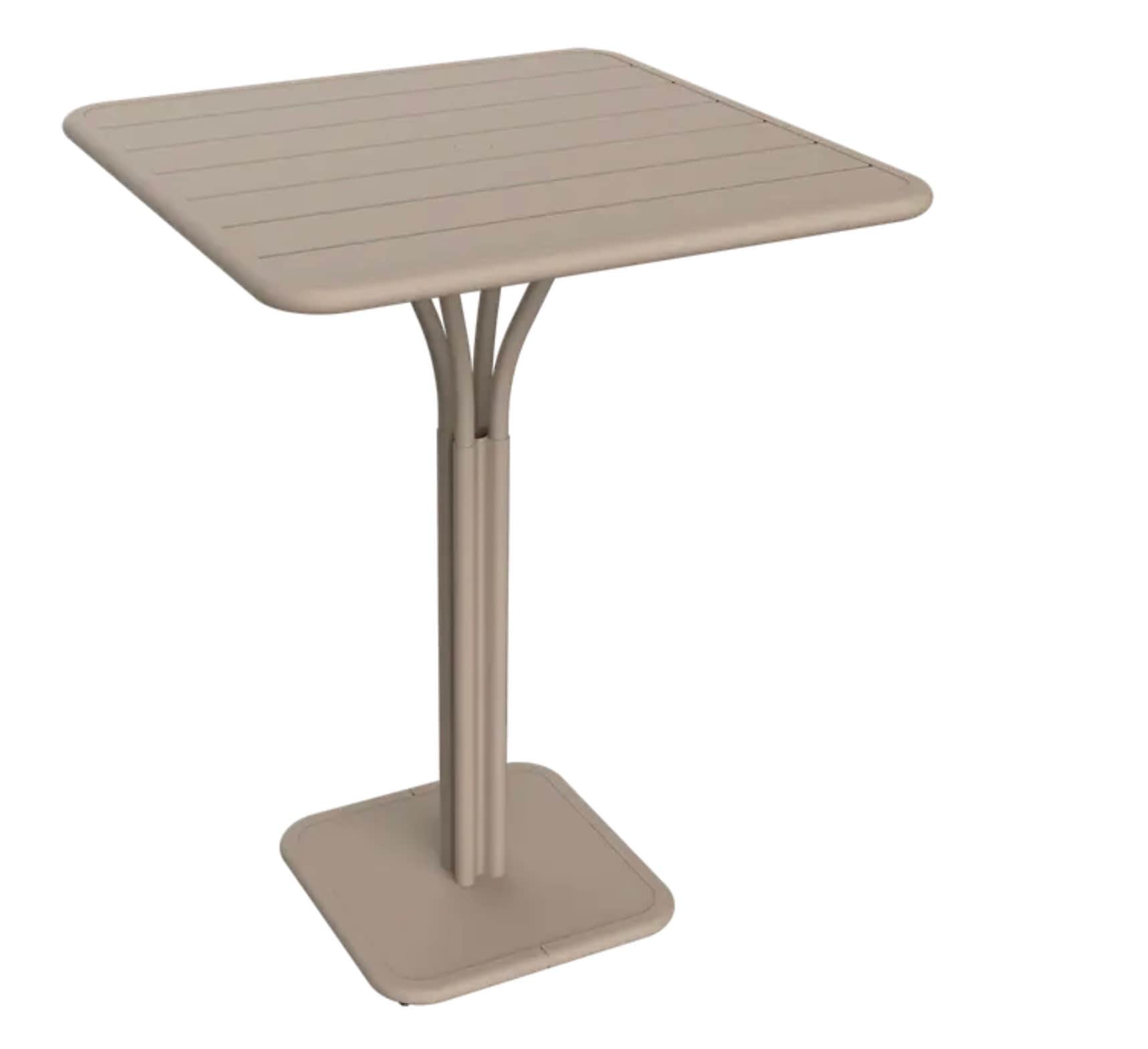 A square-top table with a single pedestal base. The table surface has a slatted design and rounded c… — 3D model
