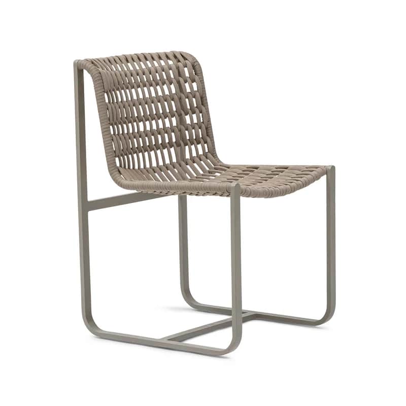 An armless chair featuring a gray tubular metal frame with a sled base, and a woven beige synthetic… — 3D model