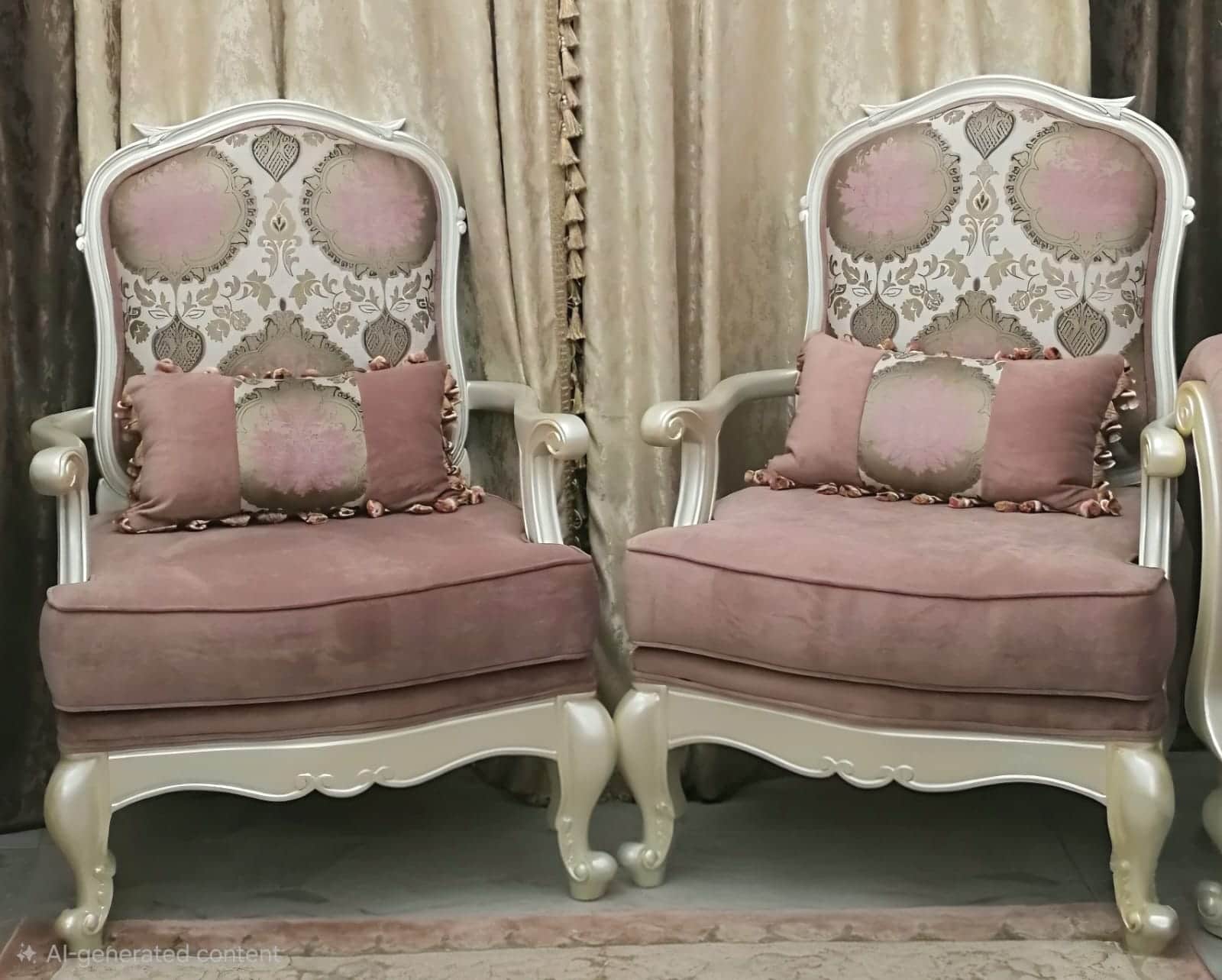 A single upholstered armchair with an ornate carved wooden frame, featuring a high, slightly curved… — 3D model