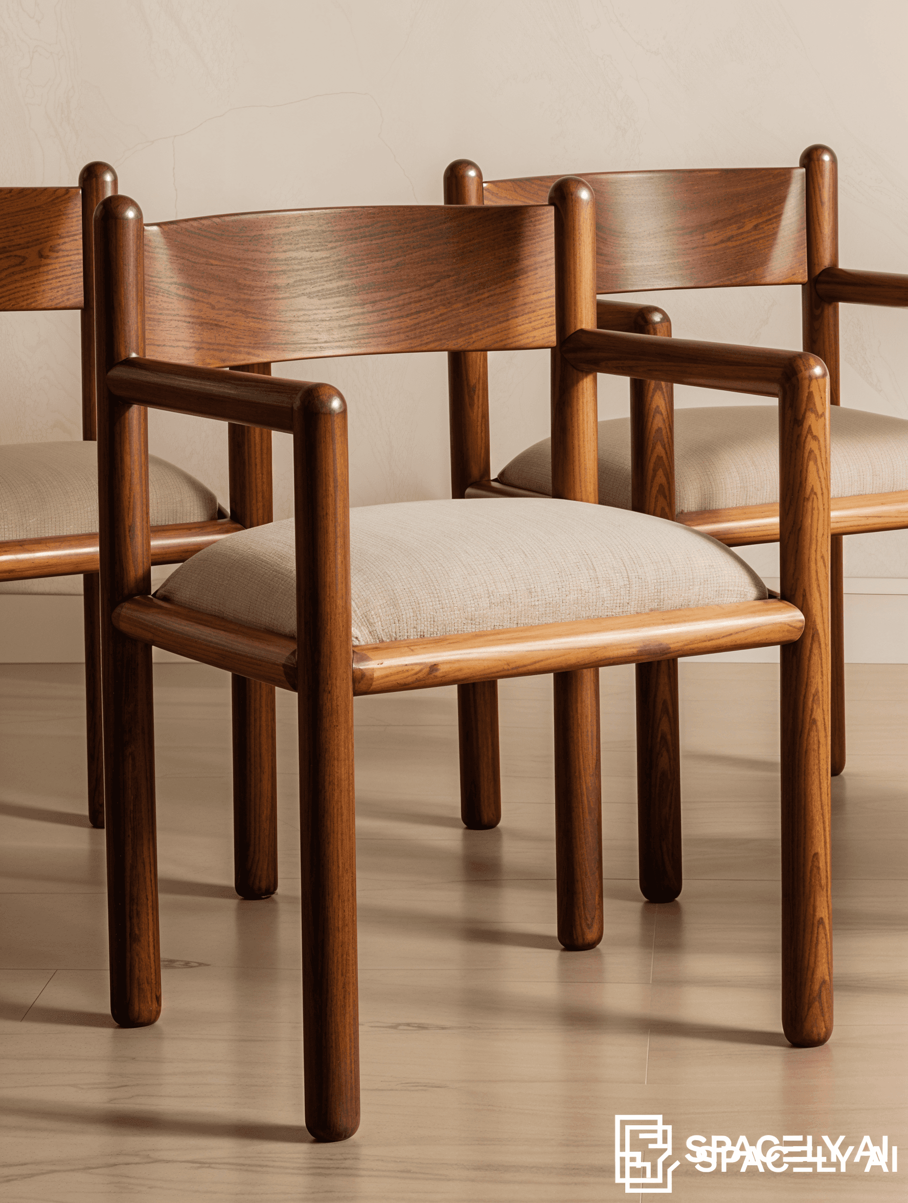 A wooden armchair with a curved backrest and upholstered seat. The chair features four cylindrical l… — 3D model