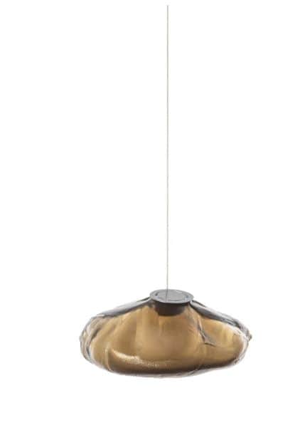 A hanging light fixture with a unique, organic, blob-like shade made of translucent dark amber glass… — 3D model