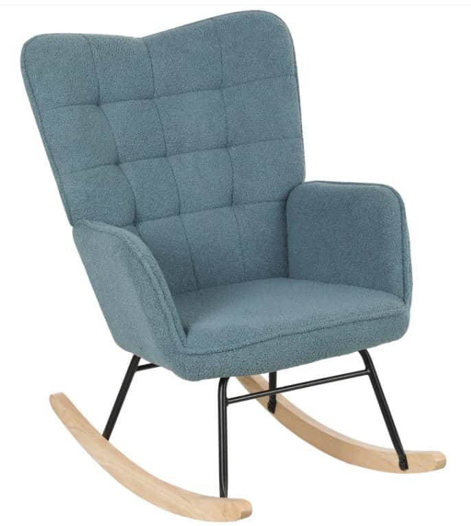 A blue rocking chair with a high back and upholstered arms. The seat and back are tufted with square… — 3D model