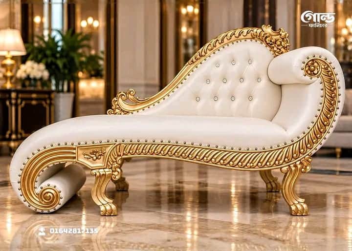 An opulent chaise lounge featuring a highly ornate gold-finished carved wooden frame, white button-t… — 3D model