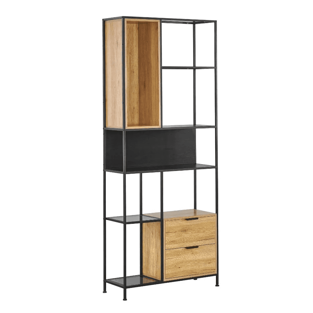 A tall, slender etagere bookcase featuring an open black metal frame. It incorporates a variety of s… — 3D model