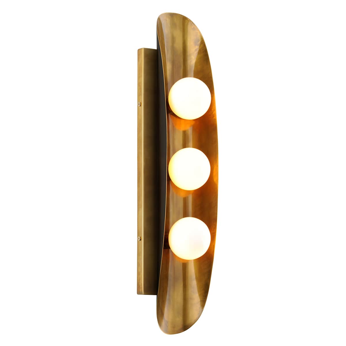 A vertical wall-mounted lighting fixture, characterized by an elongated, organically curved brass bo… — 3D model