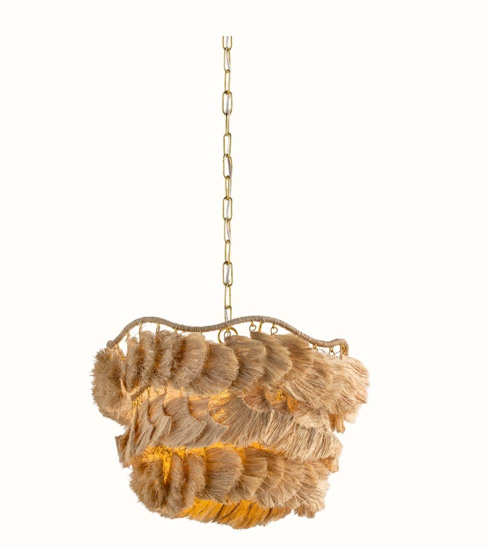 A tiered chandelier featuring layers of natural fiber fringe suspended from a woven rope frame. The… — free OBJ 3D model