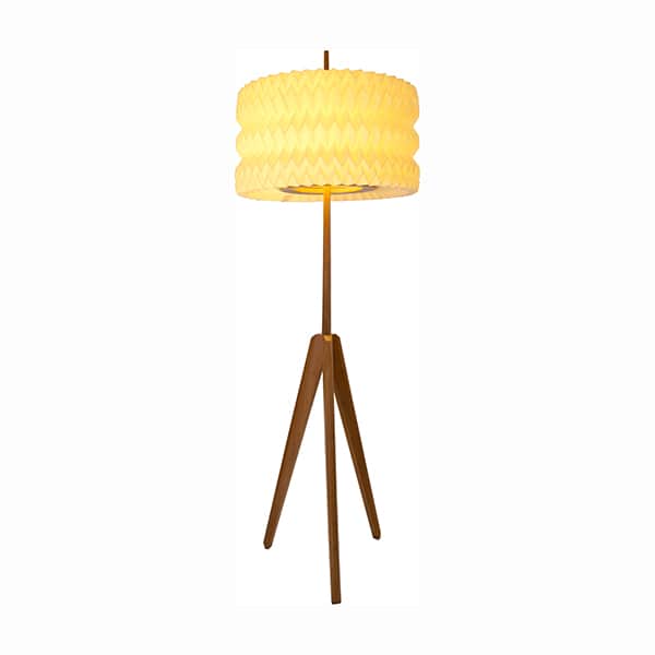 A floor lamp with a cylindrical, textured lampshade and a tripod base. The lampshade has a geometric… — 3D model