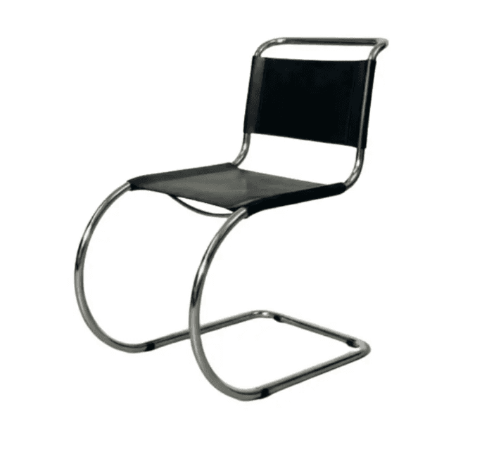 A modern cantilever dining chair featuring a tubular chrome frame and black sling seat and back. The… — 3D model
