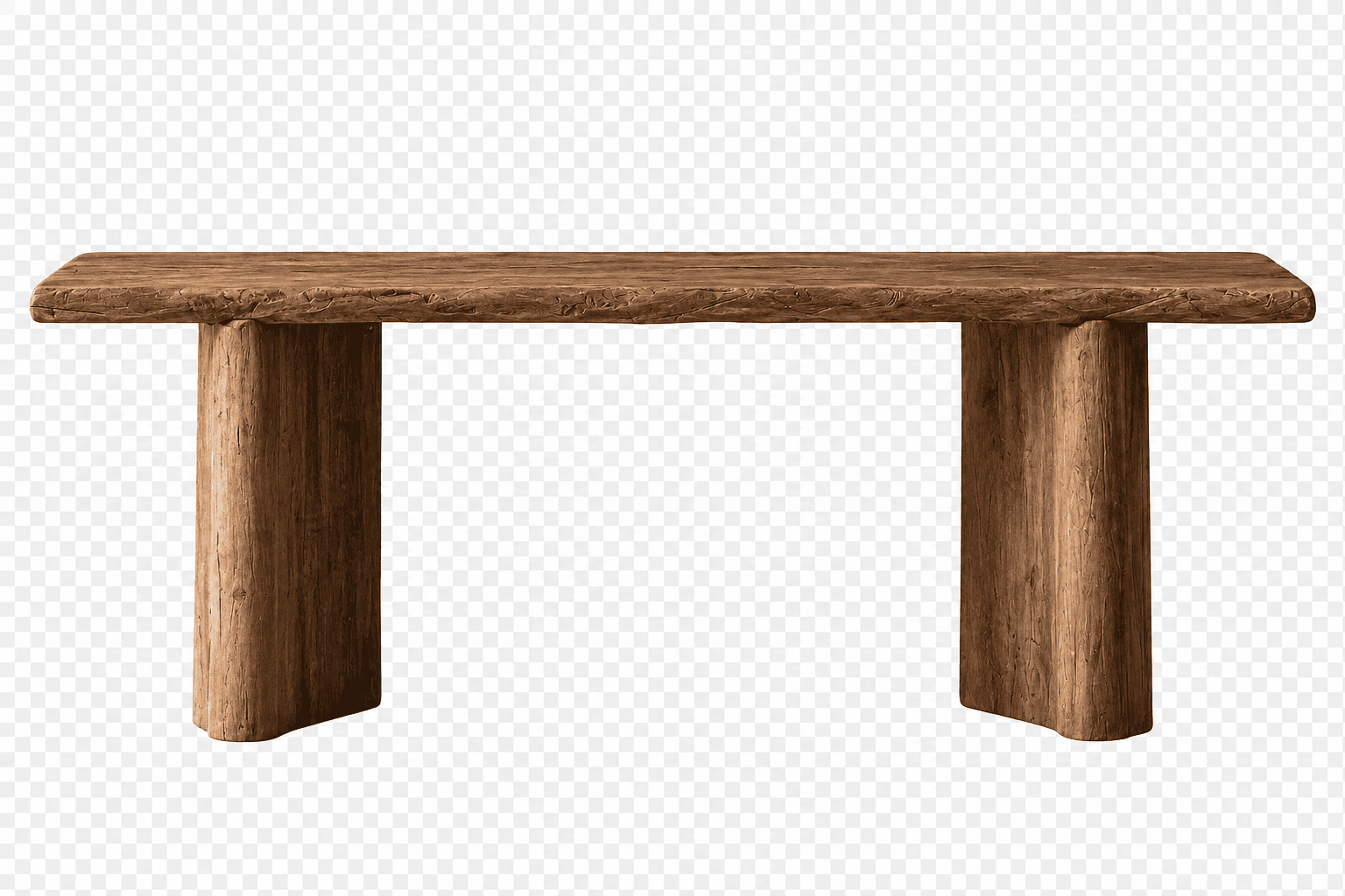 A rustic console table constructed from thick, solid wood slabs with a distressed, dark brown finish… — free BLEND 3D model