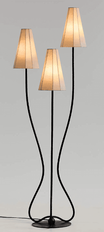 A modern floor lamp with a black metal base and three adjustable arms. Each arm supports a conical f… — 3D model