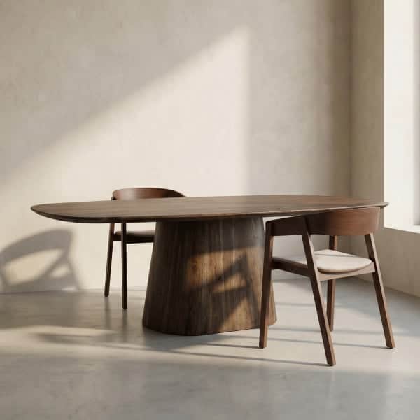 A modern dining or conference table featuring a dark walnut wood finish and a single, substantial pe… — 3D model