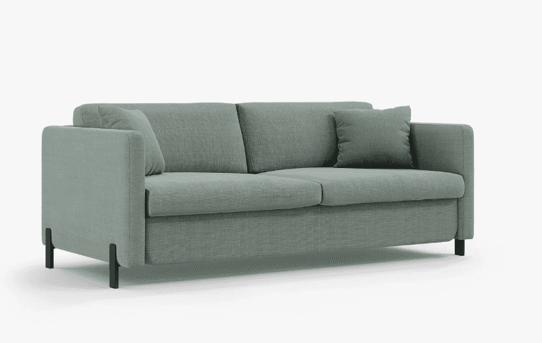 A modern two-seater sofa upholstered in a light sage green textured fabric. It features clean lines,… — free GLTF 3D model