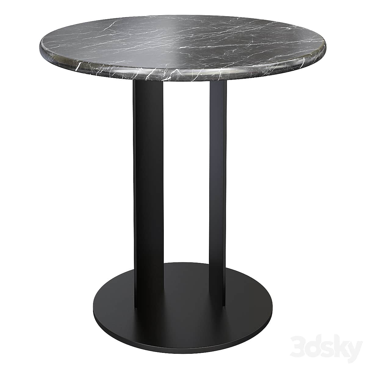 A round dining table with a dark marble top featuring white veining. The table has a pedestal base c… — 3D model