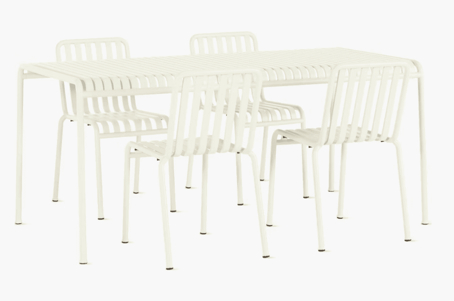 A contemporary dining set comprising a rectangular table and four chairs, all constructed with a sla… — 3D model