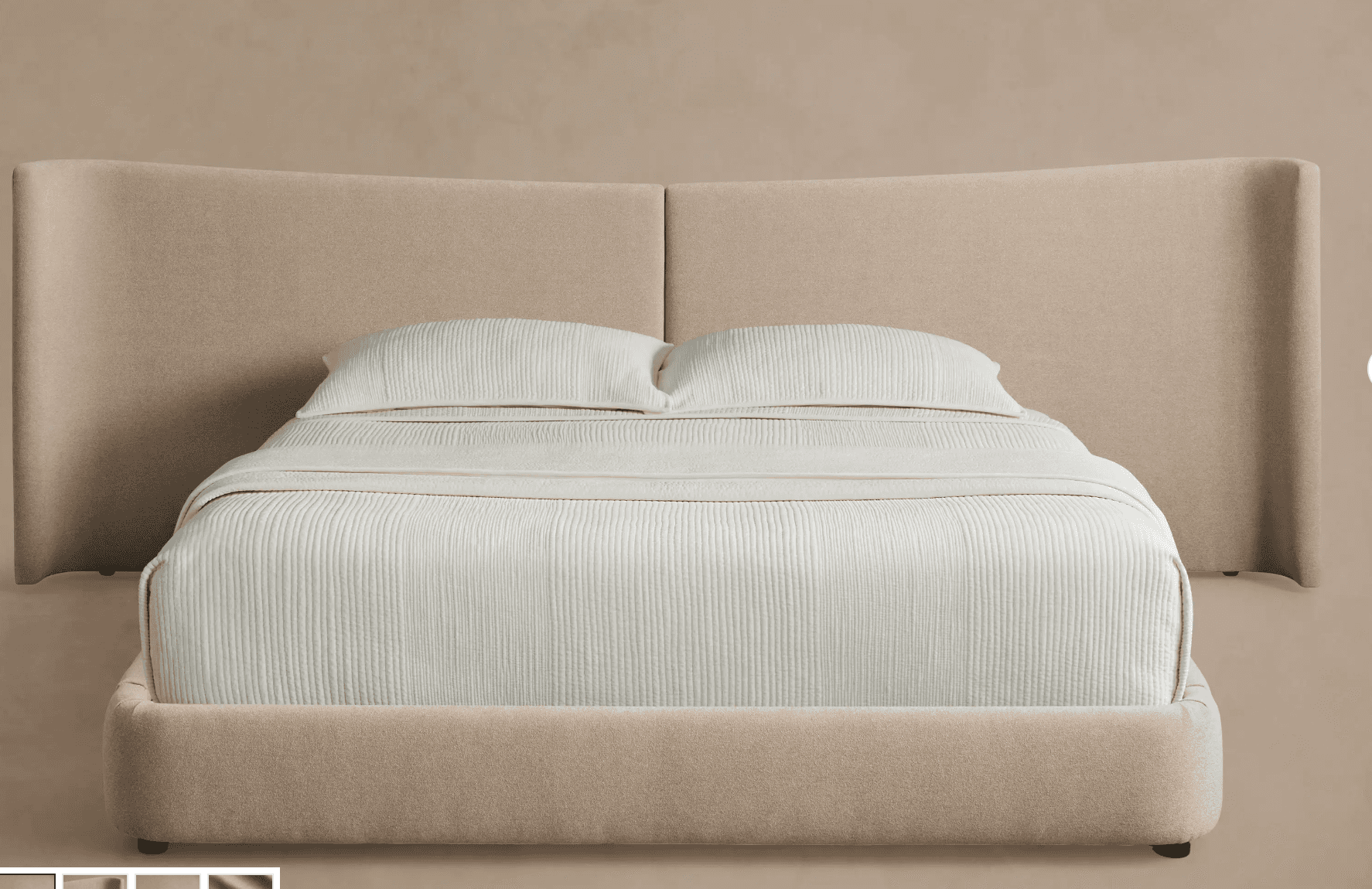 A contemporary upholstered platform bed featuring a distinctive winged headboard. The entire frame,… — free SKP 3D model
