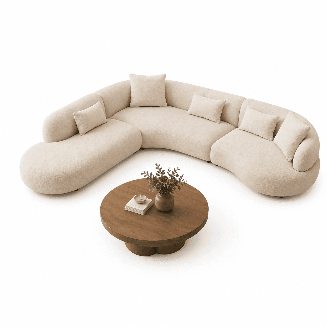 A large, light beige curvilinear modular sectional sofa upholstered in a textured bouclé fabric. The… — 3D model