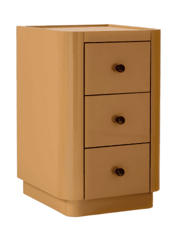 A small, tall, three-drawer nightstand with a glossy beige finish and rounded vertical edges, standi… — 3D model
