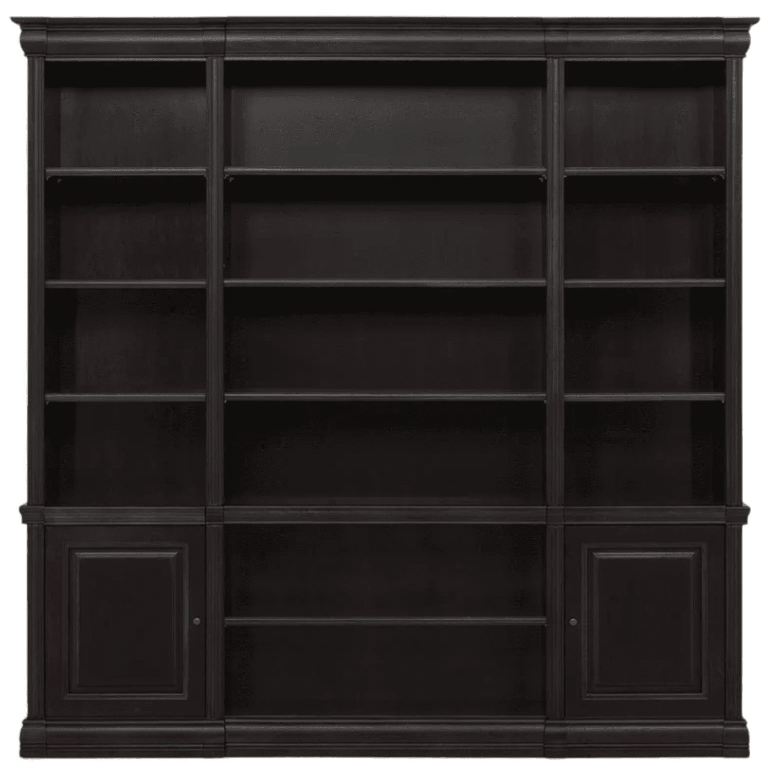 A large, dark wood bookcase with a symmetrical design. It features three vertical sections, with the… — free SKP 3D model