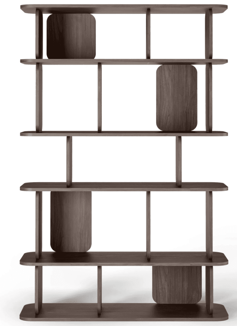 A modern, modular bookshelf constructed from dark-stained wood. It features multiple open shelves su… — 3D model