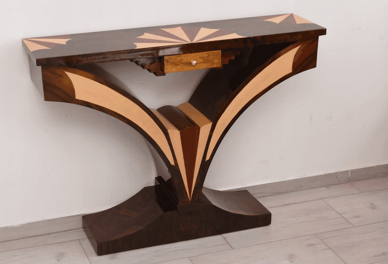 An elegant console table featuring a dark wood finish adorned with intricate marquetry. The rectangu… — 3D model