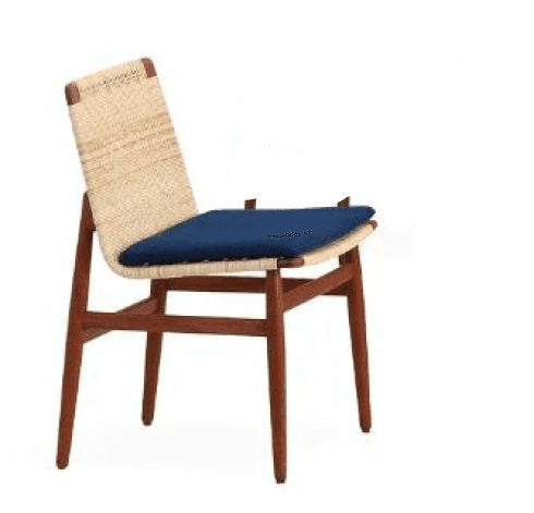 A minimalist dining chair featuring a warm-toned wooden frame, likely teak, with a tightly woven pap… — 3D model