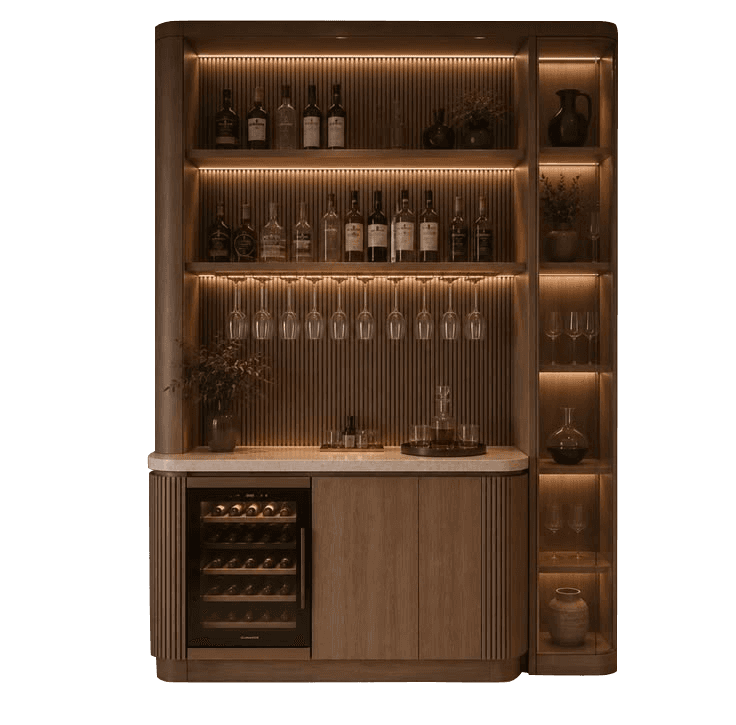 A modern, tall home bar cabinet made of fluted dark wood, featuring an integrated wine cooler, multi… — 3D model