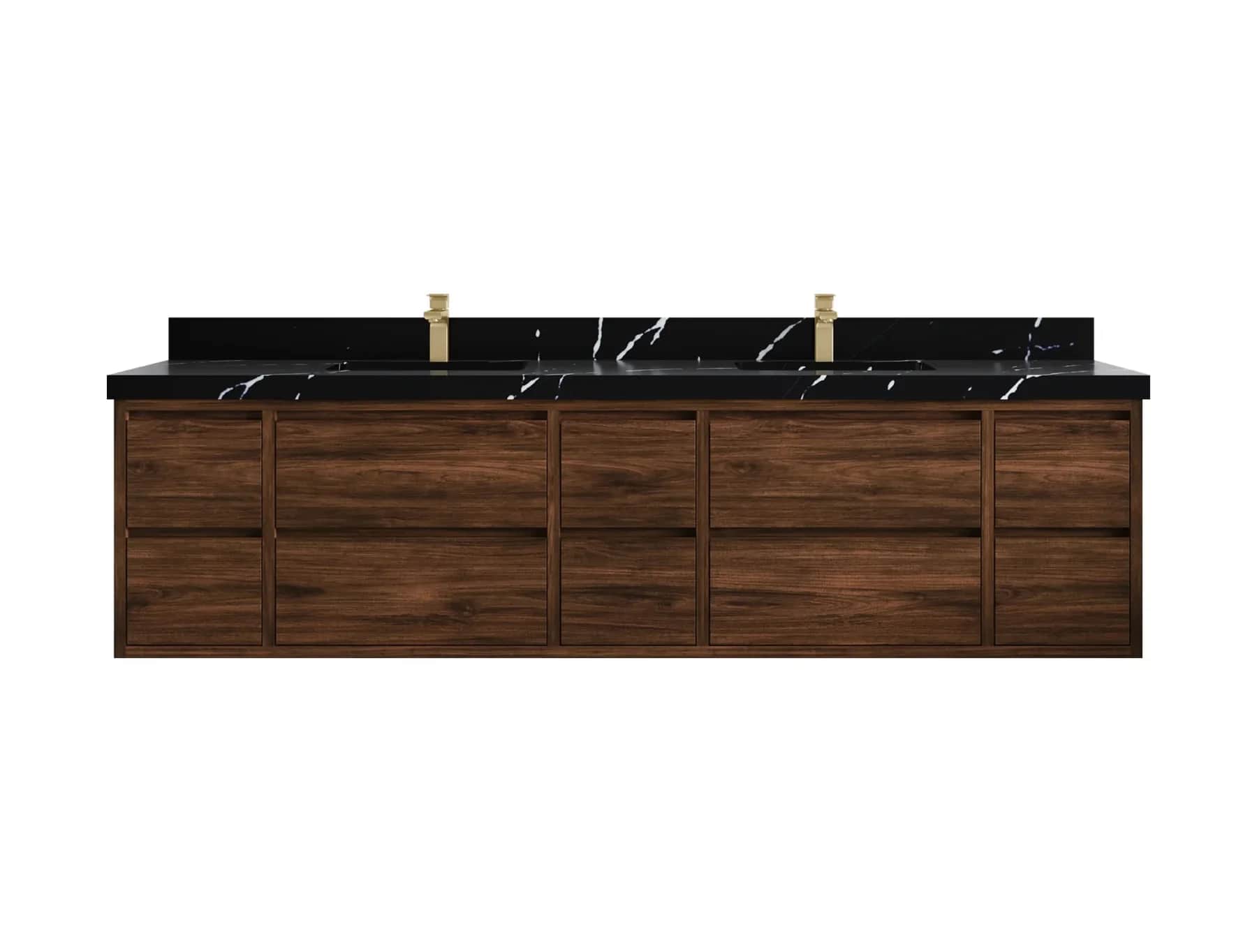 A contemporary double bathroom vanity unit featuring a dark walnut-finished cabinet base and a strik… — 3D model