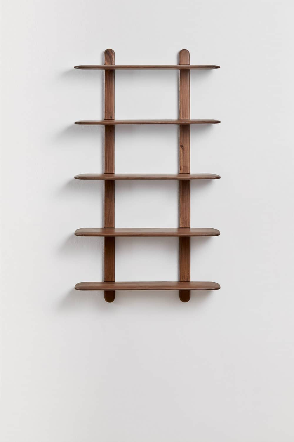 A minimalist wall-mounted shelving unit featuring five thin, horizontally oriented shelves, supporte… — 3D model