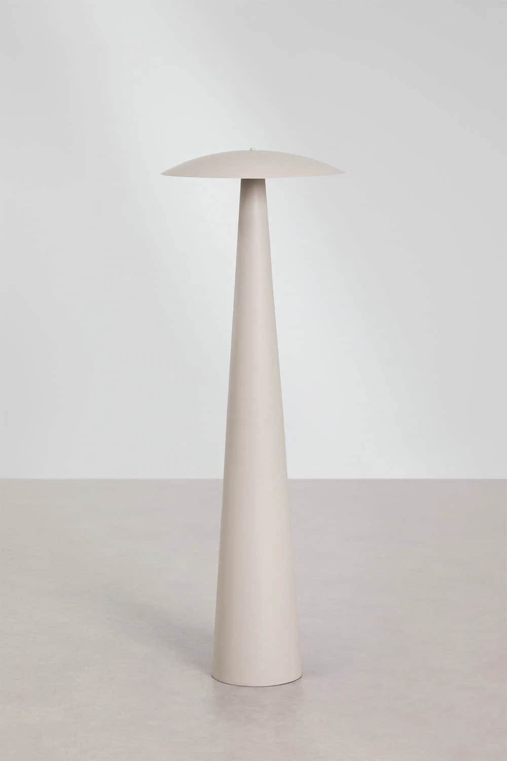 A modern floor lamp featuring a slender, conical base that tapers upwards, topped with a flat, disc-… — 3D model