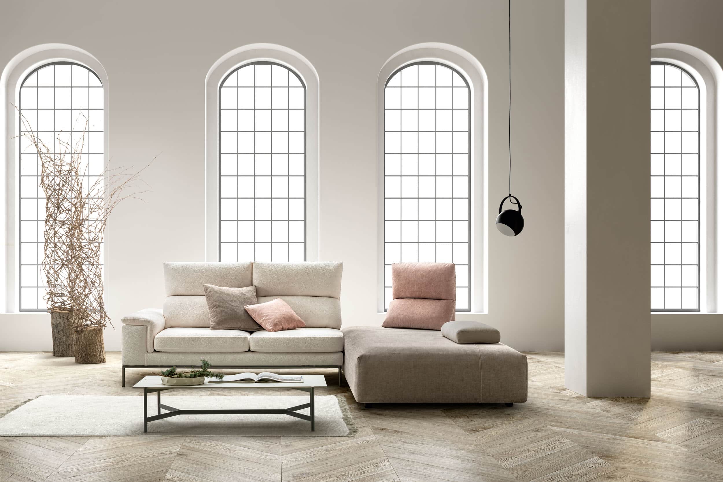 A modular sectional sofa with a left-arm facing chaise lounge. The sofa features a light-colored, te… — free OBJ 3D model