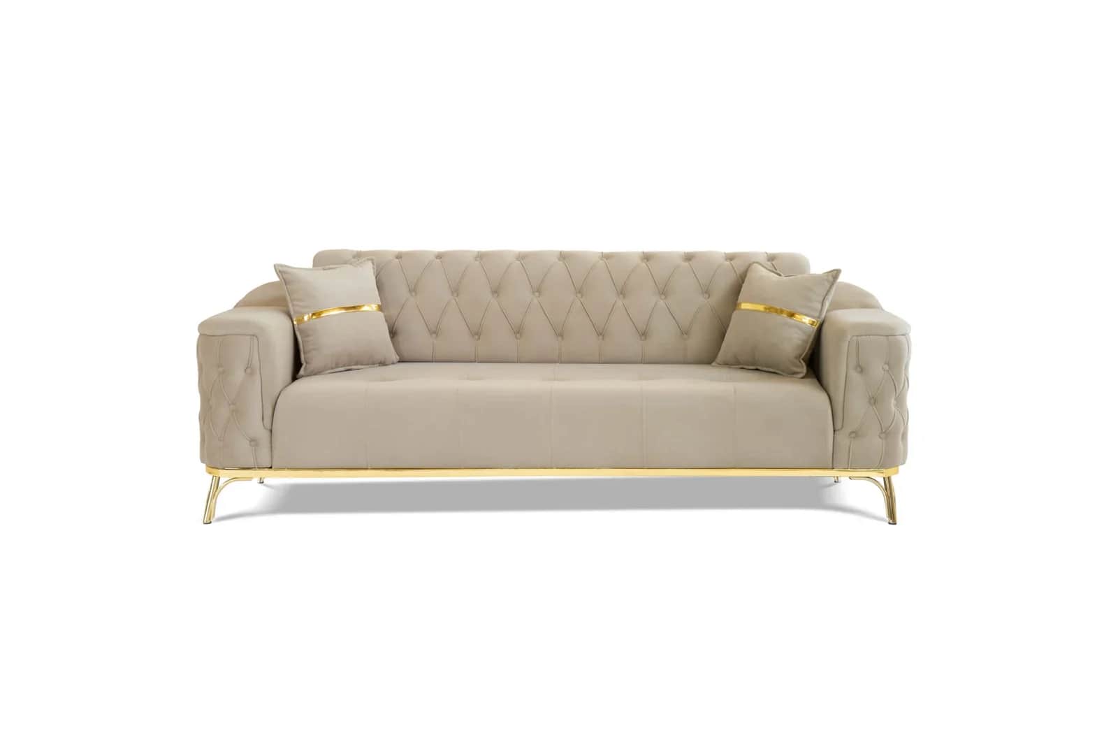 A modern, upholstered sofa featuring a diamond tufted backrest and seat, with plush arms. It include… — free SKP 3D model