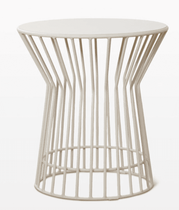 A small, cylindrical side table with a rounded top and a base constructed from vertical metal rods.… — 3D model
