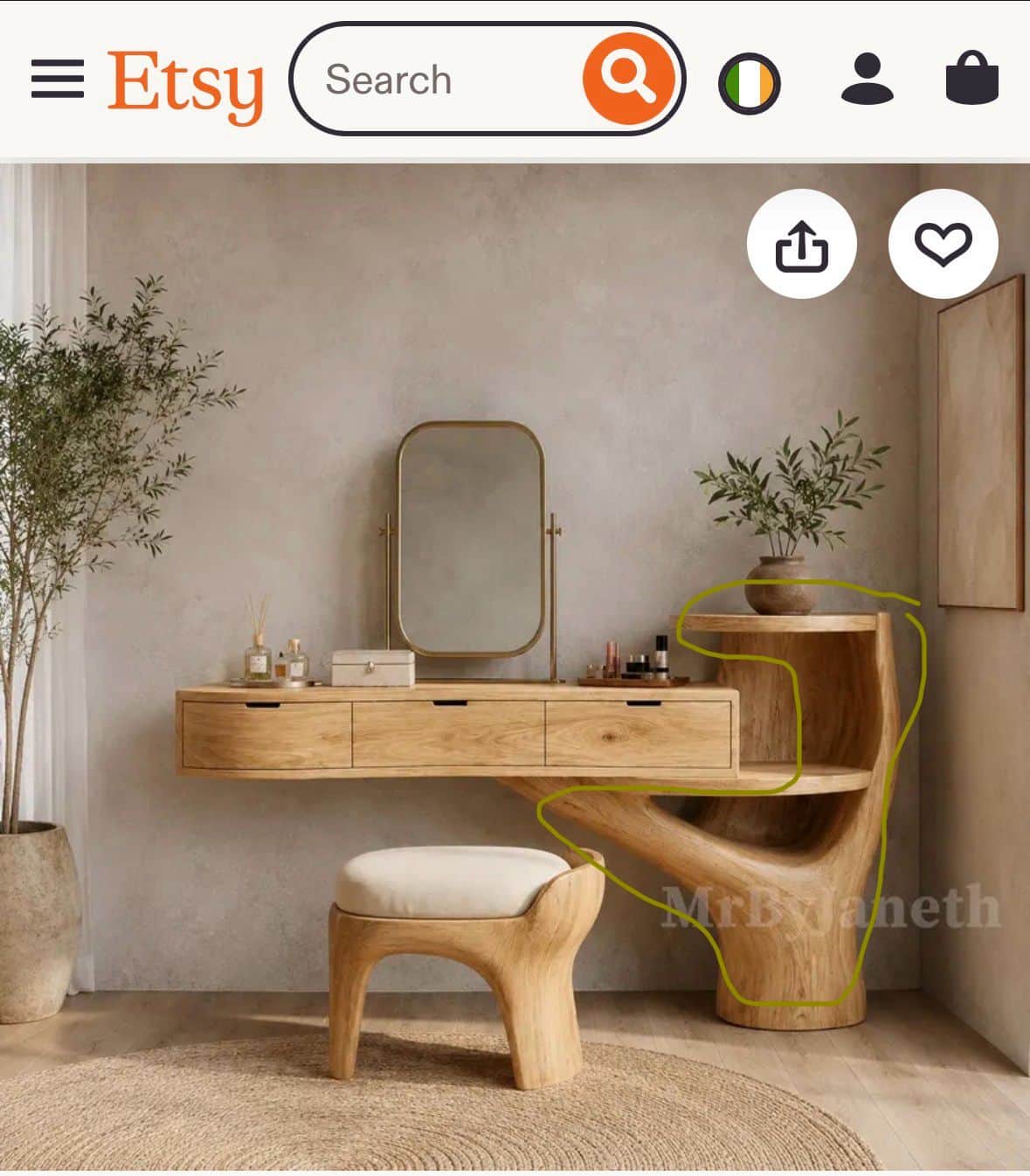 A contemporary organic modern dressing table set featuring a light-colored wooden vanity with integr… — 3D model