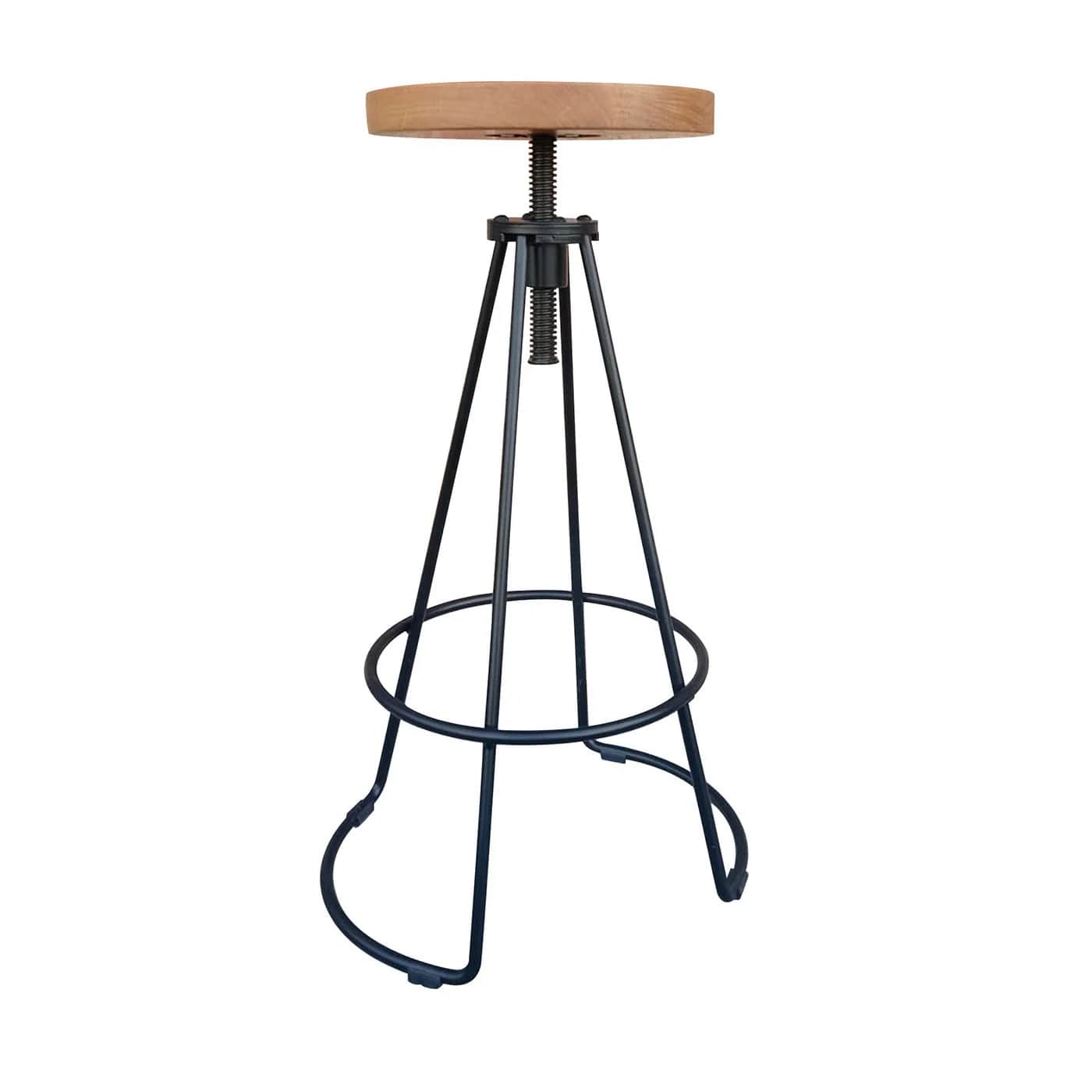 An adjustable height bar stool featuring a round, light-toned wooden seat and a splayed black metal… — 3D model