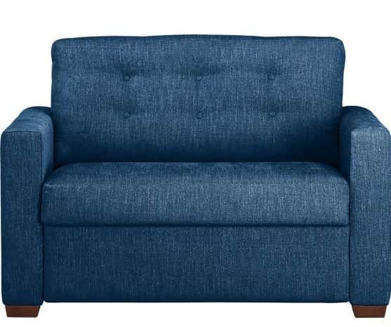 A blue fabric loveseat with button tufting on the backrest, track arms, and short wooden block feet. — 3D model