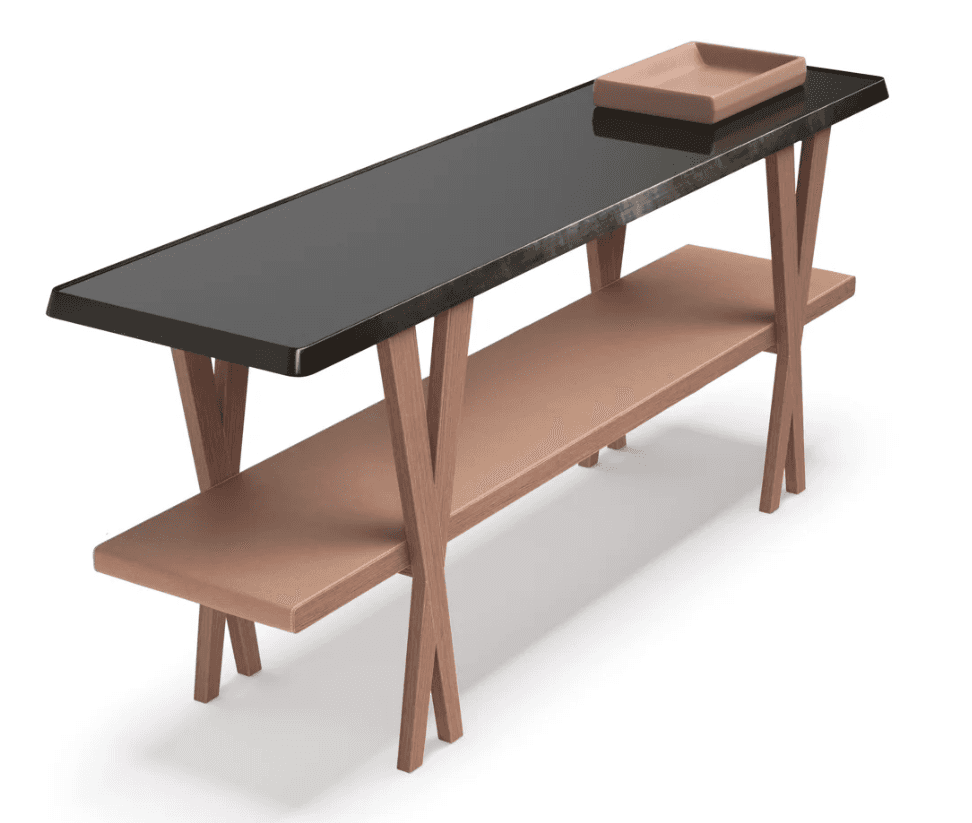 A modern two-tier console table featuring a dark, reflective top surface and a lighter wooden lower… — 3D model