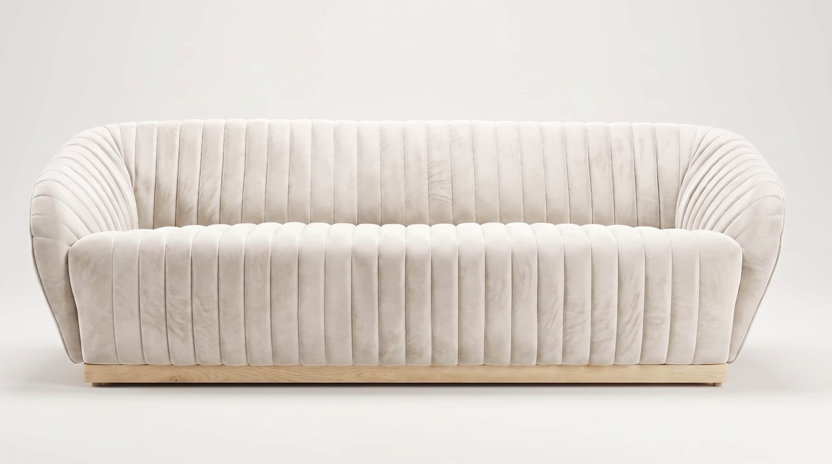 A contemporary three-seat sofa upholstered in cream velvet with vertical channel tufting and a low w… — free GLTF 3D model