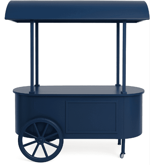 A dark blue wheeled cart with a canopy top. It has an oval-shaped body with a flat top surface. Two… — free OBJ 3D model