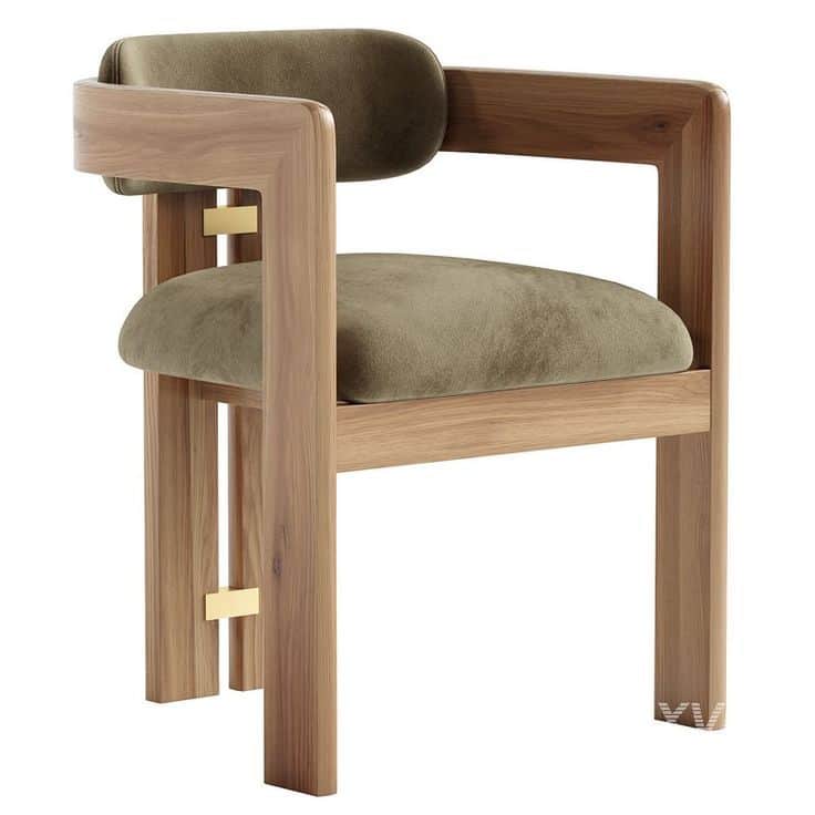 A contemporary dining armchair featuring a solid light-toned wooden frame, likely oak, with a plush… — 3D model