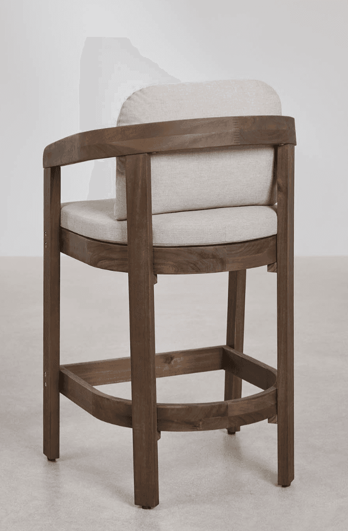 A modern dark brown wooden bar stool with upholstered seat and back cushions in a light beige fabric… — 3D model
