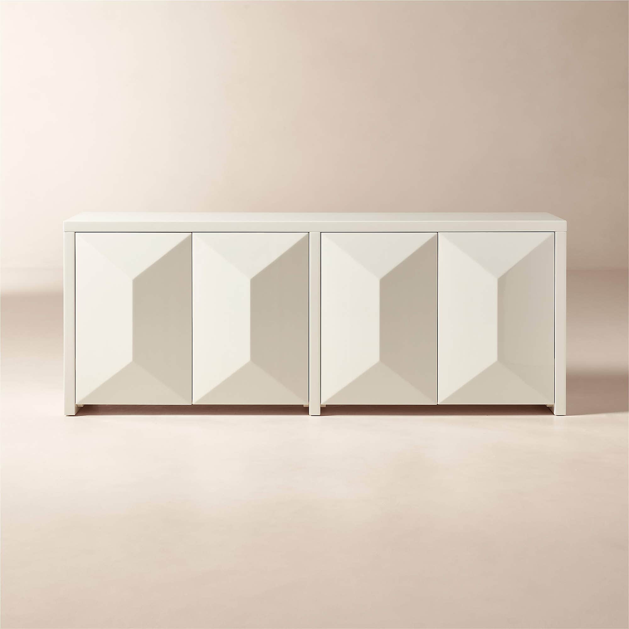 A white sideboard with a geometric, faceted design on its four doors. The doors are aligned in two p… — 3D model
