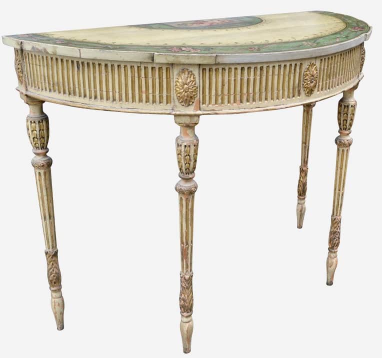 A semi-circular console table with a decorative painted surface. The table has fluted detailing on i… — free OBJ 3D model