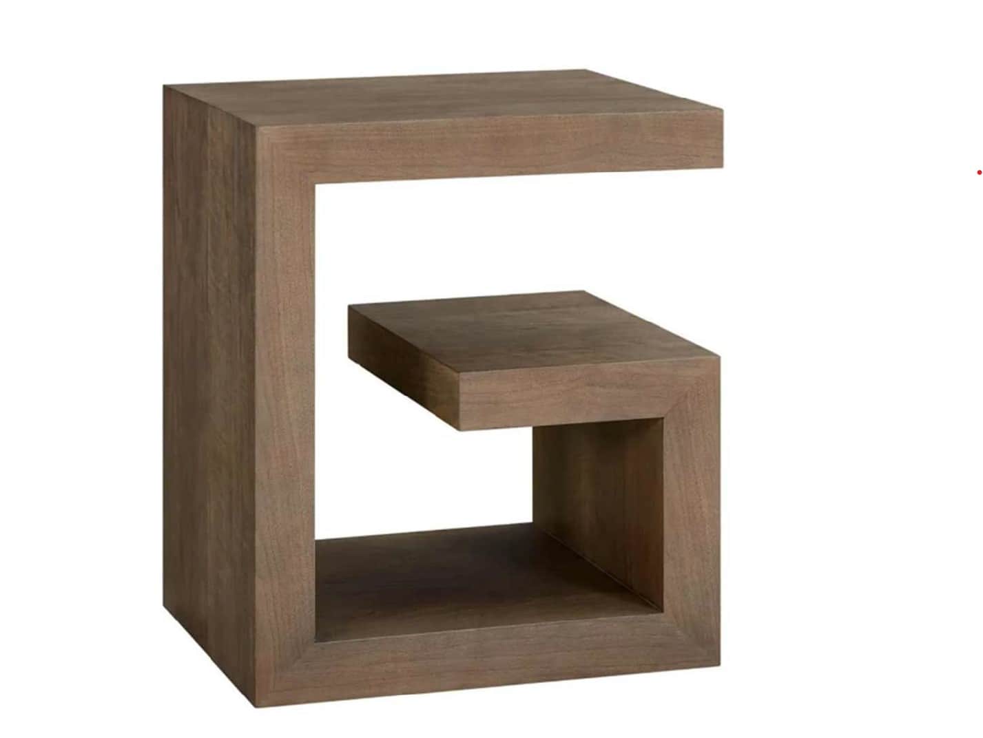 A modern end table with a unique C-shaped structure. It features a solid top surface and a lower she… — 3D model