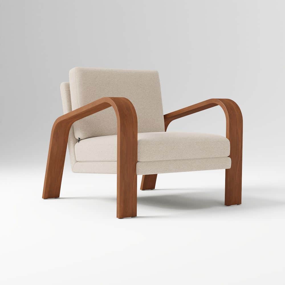 A modern armchair featuring a striking bentwood frame and upholstered cushions. The chair has a clea… — 3D model